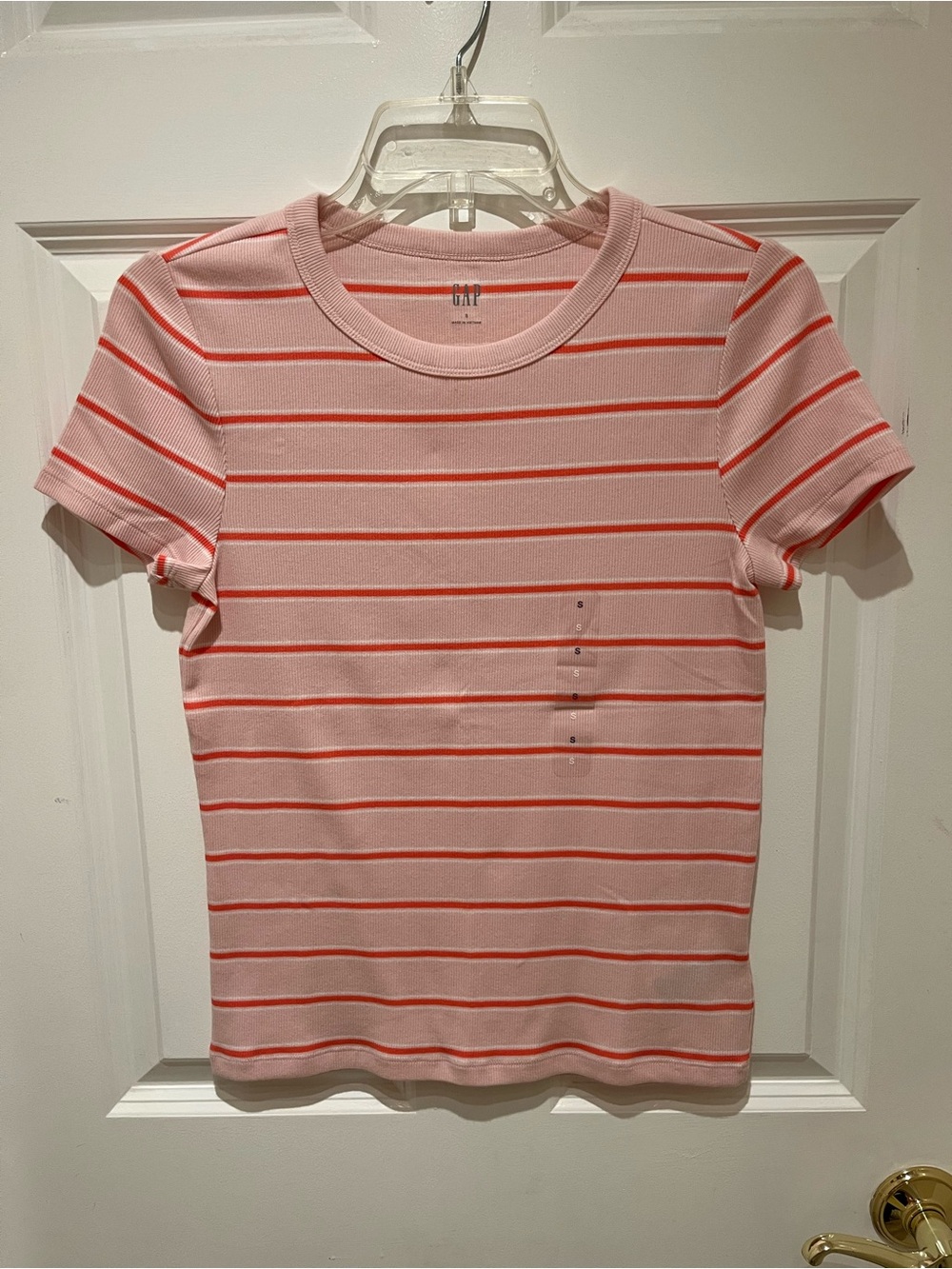 NWT GAP Essential Ribbed Crewneck T-Shirt Light Pink w/Dark Pink Stripes Small